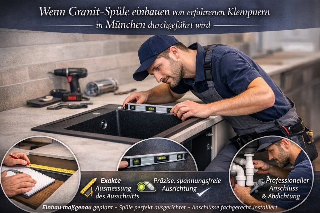 Klempner in München installiert präzise eine Granitspüle in moderner Küche