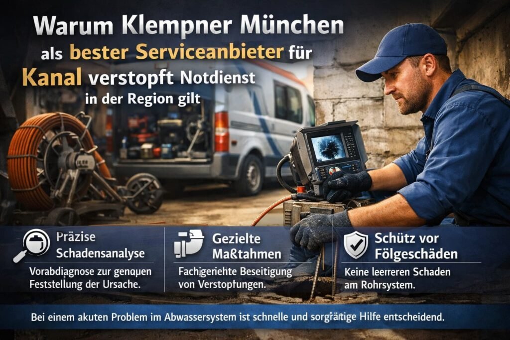 Professioneller Klempner in München bei der Rohrinspektion zur Beseitigung einer Kanalverstopfung im Notdienst.