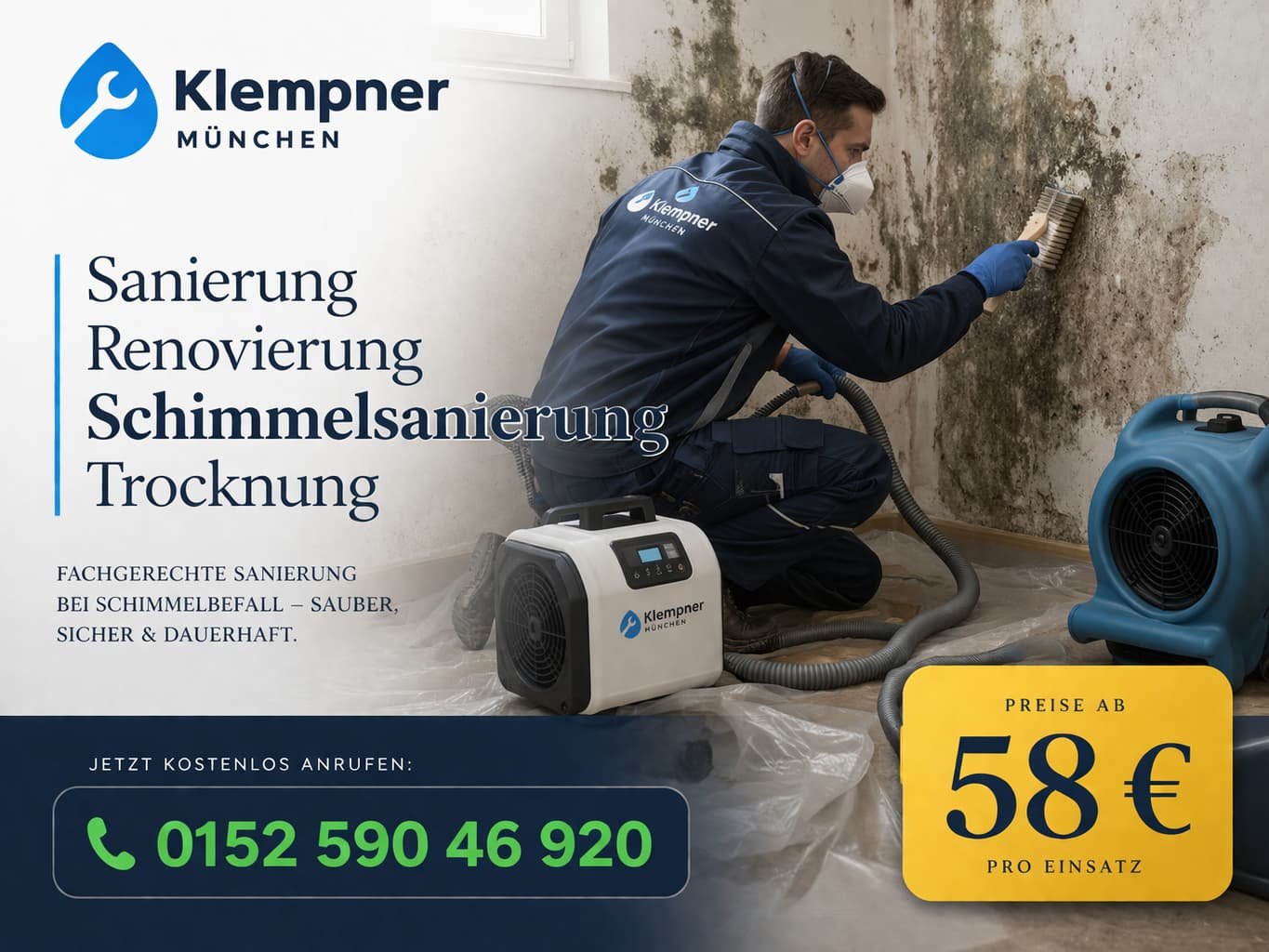 Klempner München Anzeige – Techniker bei Schimmelsanierung, Renovierung und Trocknung mit Preis ab 58€ und Kontaktnummer