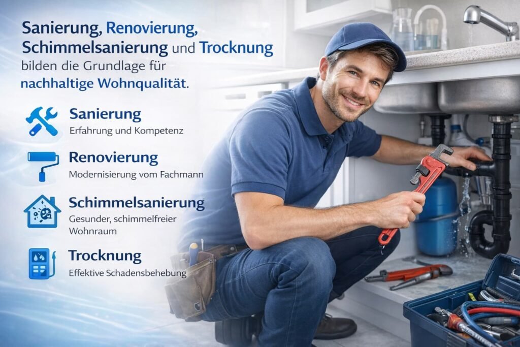 Installateur behebt Rohrleck in moderner Küche – professionelle Sanierung, Renovierung, Schimmelsanierung und Trocknung für nachhaltige Wohnqualität
