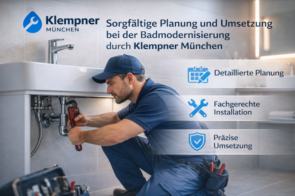 Klempner in München repariert ein Leck und modernisiert ein Badezimmer mit präziser Planung und fachgerechter Umsetzung