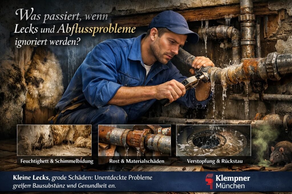 Klempner repariert undichte Rohre mit sichtbarer Feuchtigkeit und Rost.