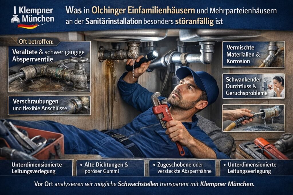 Klempner Olching bei Reparatur und Dichtheitsprüfung unter der Spüle.