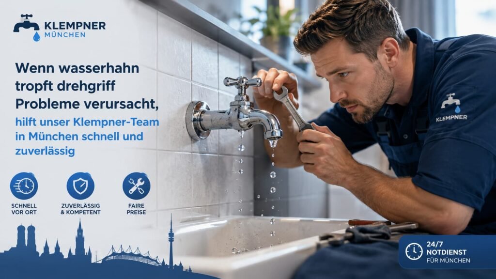 Klempner repariert einen tropfenden Wasserhahn am Drehgriff in München.