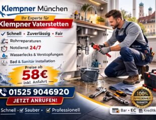 Professioneller Klempner in Vaterstetten repariert Wasserleck – 24/7 Notdienst ab 58 €, Klempner München, Tel. 015259046920.