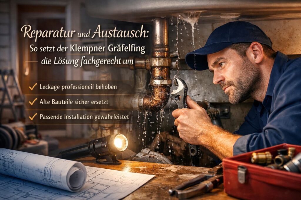 Klempner in Gräfelfing repariert fachgerecht ein undichtes Rohr und setzt Anschlüsse professionell instand.