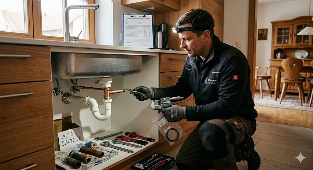 Installateur prüft Wasserleck mit Feuchtigkeitsdetektor, zeigt Lecksuche und Rohrreparatur