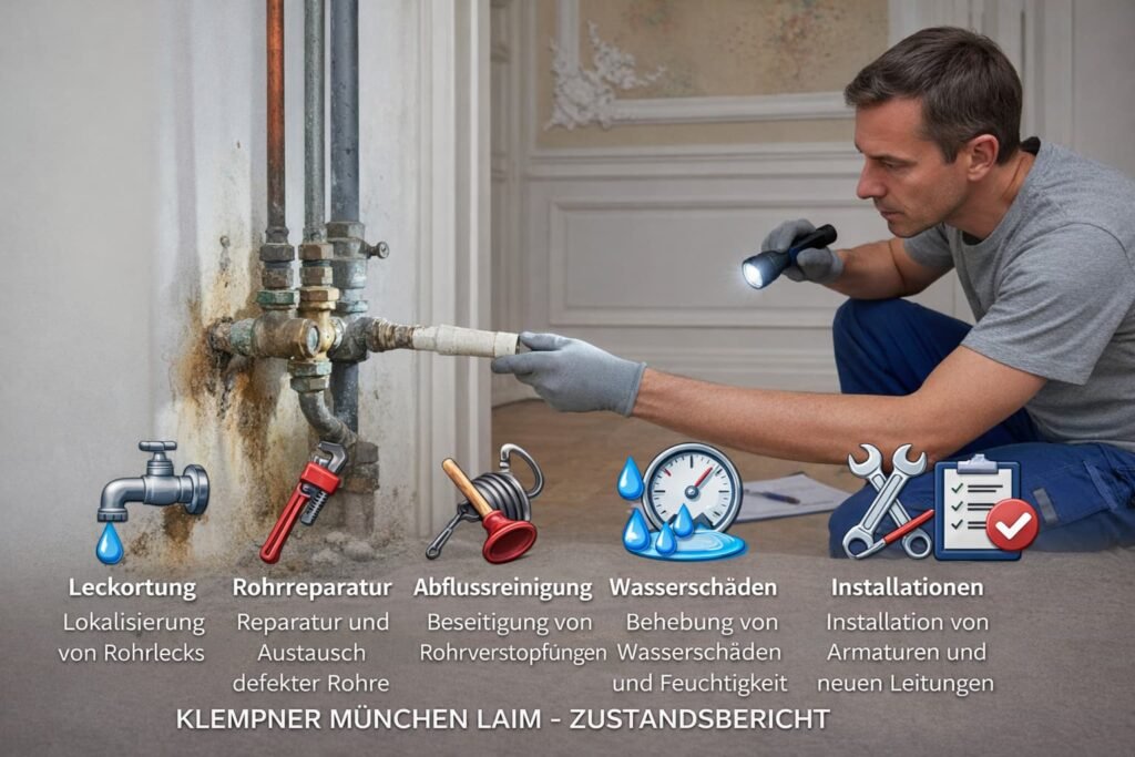 Plumber inspecting pipes with flashlight, service icons below, KLEMPNER MÜNCHEN LAIM