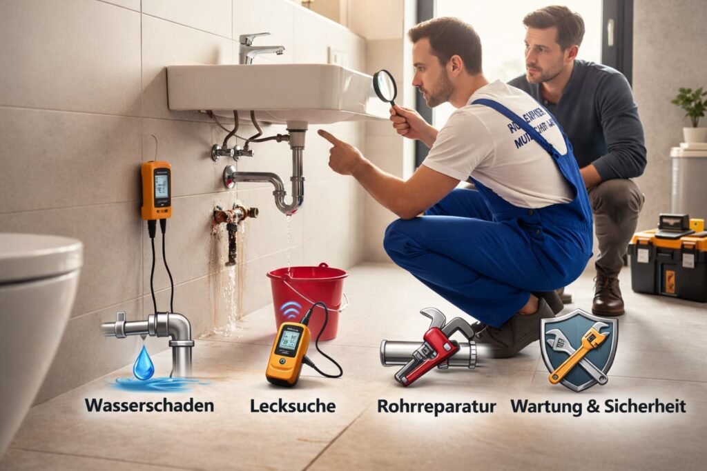 Installateur prüft Wasserleck mit Feuchtigkeitsdetektor, zeigt Lecksuche und Rohrreparatur