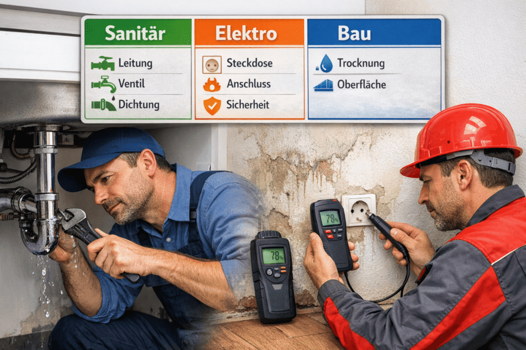 Klempner und Elektriker prüfen Rohrleck und feuchte Steckdose in Unterhaching