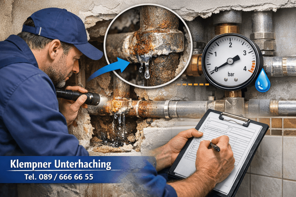 Lecksuche durch Klempner in Unterhaching mit Druckprüfung und Dokumentation