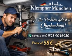 Klempner bei Rohrreparatur in Oberhaching mit Telefonnummer und Preisangabe ab 58 €.
