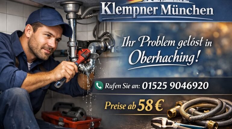 Klempner bei Rohrreparatur in Oberhaching mit Telefonnummer und Preisangabe ab 58 €.
