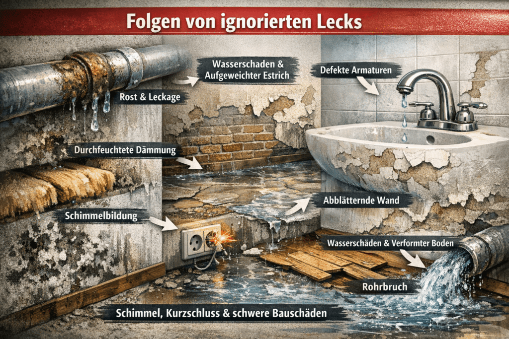 Folgen ignorierter Lecks mit Rostrohr, Schimmel, Wasserschaden und Rohrbruch in Innenraumansicht.