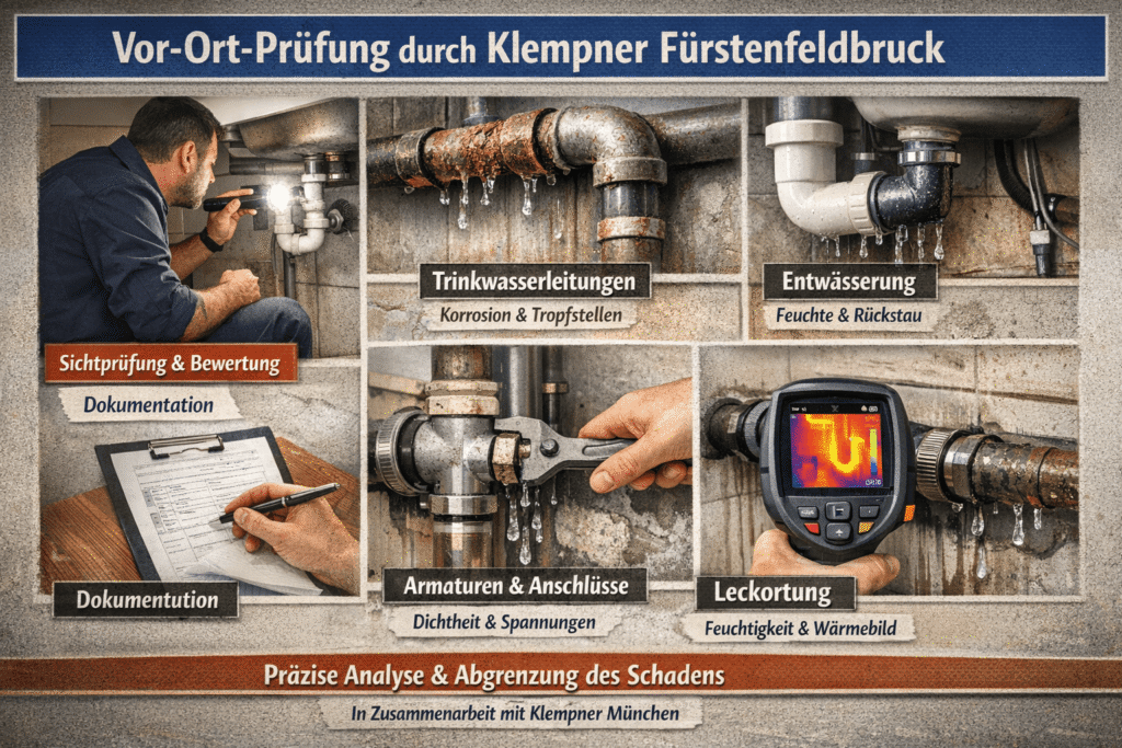 Klempner Fürstenfeldbruck bei der Vor-Ort-Prüfung: Kontrolle von Leitungen, Korrosion und Leckortung mit Dokumentation.