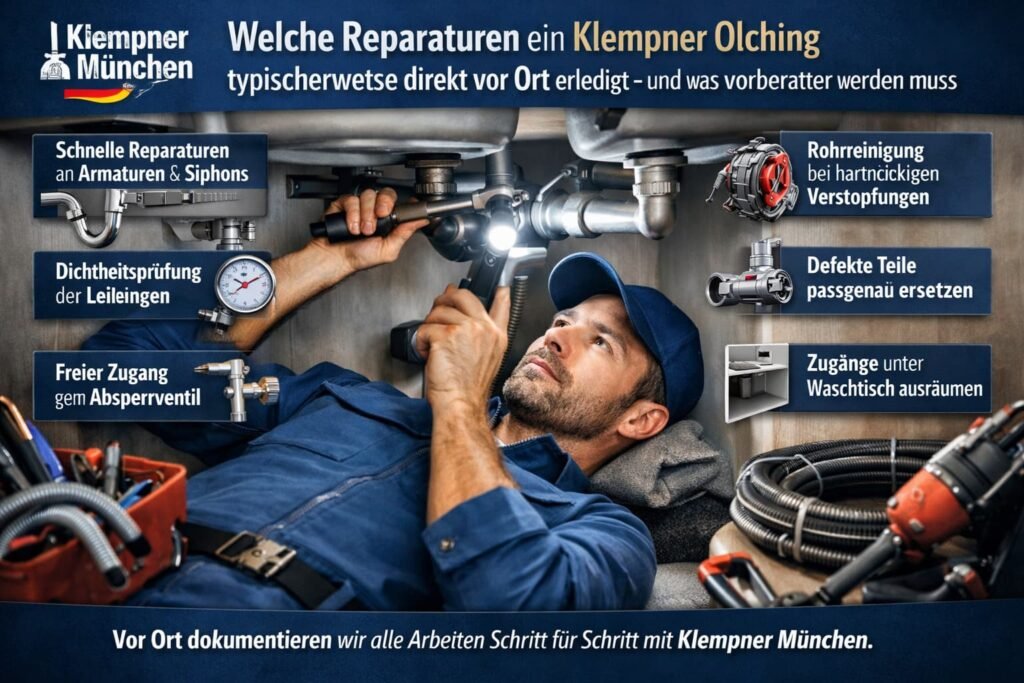 Klempner Olching bei Reparatur und Dichtheitsprüfung unter der Spüle.