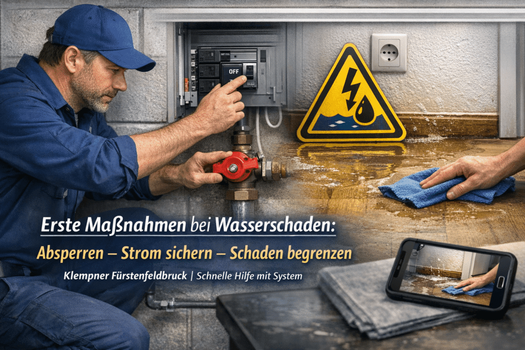 Sanitärtechniker schließt Hauptwasserhahn, schaltet Sicherung aus und begrenzt Wasserschaden im Kellerraum.