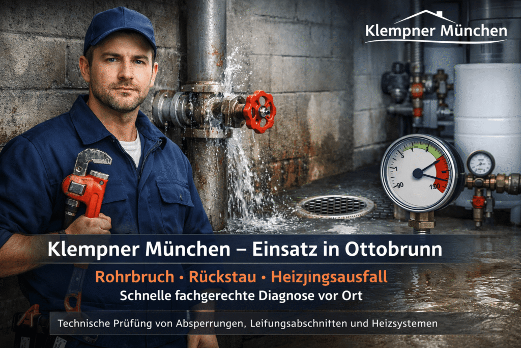 Klempner München bei Rohrbruch in Ottobrunn mit austretendem Wasser und Heizungsprüfung.