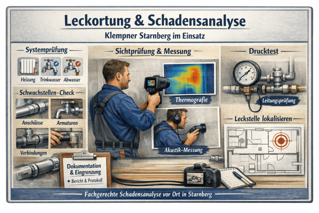  "Klempner in Starnberg bei der Leckortung mit Thermografie, Akustikmessung und Drucktests."