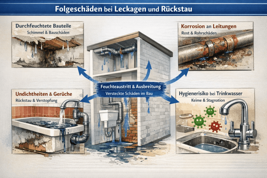 "Infografik zu Folgeschäden bei Leckagen und Rückstau: Feuchtigkeitsschäden, Korrosion, Rückstauprobleme und Hygienerisiken."