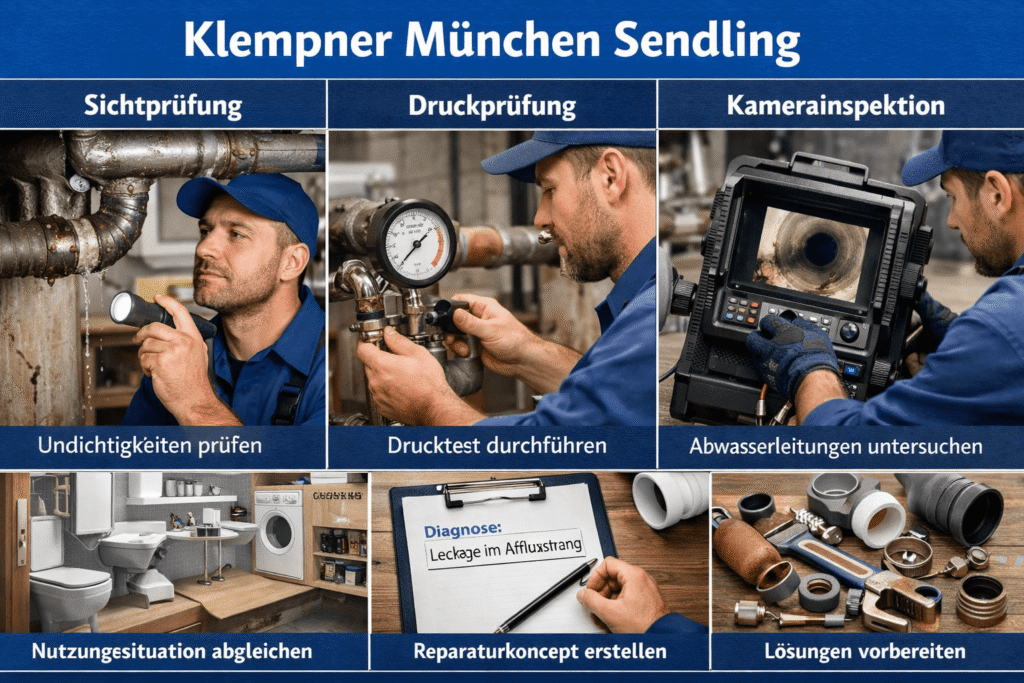 Alt-Text: "Klempner München Sendling: Diagnose durch Sichtprüfung, Drucktest und Kamerainspektion."