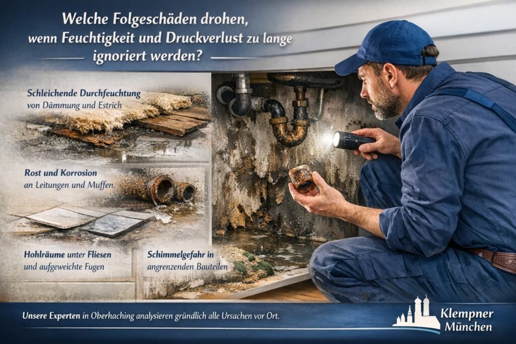 Installateur kontrolliert feuchte, korrodierte Rohrleitung unter der Spüle.