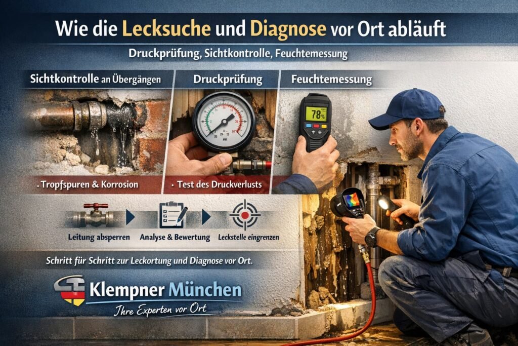 Klempner bei der Lecksuche mit Druckprüfung und Feuchtemessung in einer Wand – Diagnose vor Ort.