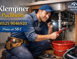 Klempner bei Rohrreparatur unter Spüle in Puchheim – Anzeige mit Kontakt und Preisangabe.