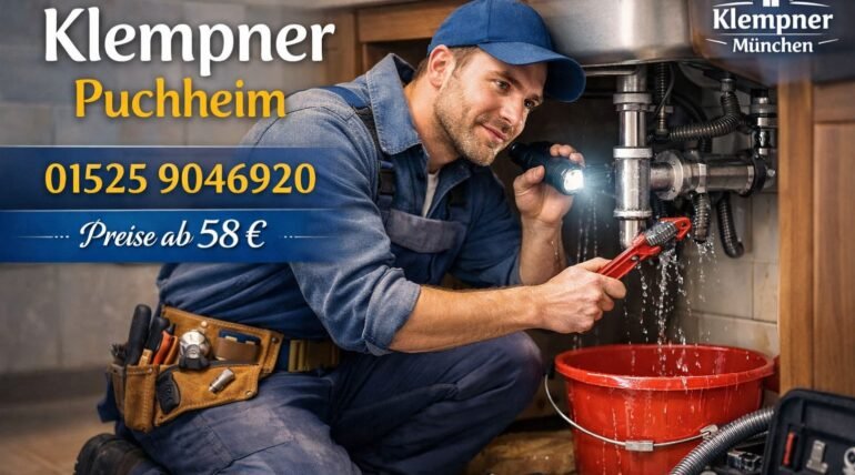 Klempner bei Rohrreparatur unter Spüle in Puchheim – Anzeige mit Kontakt und Preisangabe.