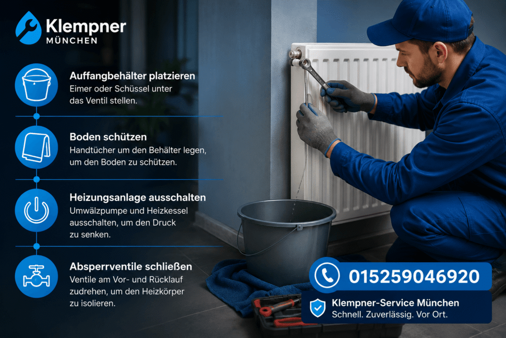 Fachmann repariert ein tropfendes Heizkörperventil mit Eimer und Werkzeug im modernen Heizungsraum.