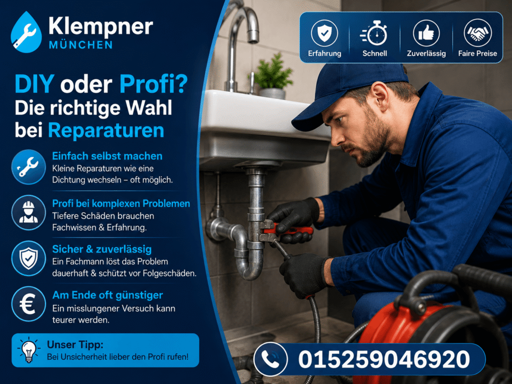 Professioneller Klempner repariert ein Abflussrohr unter der Küchenspüle mit Spezialwerkzeug in München.