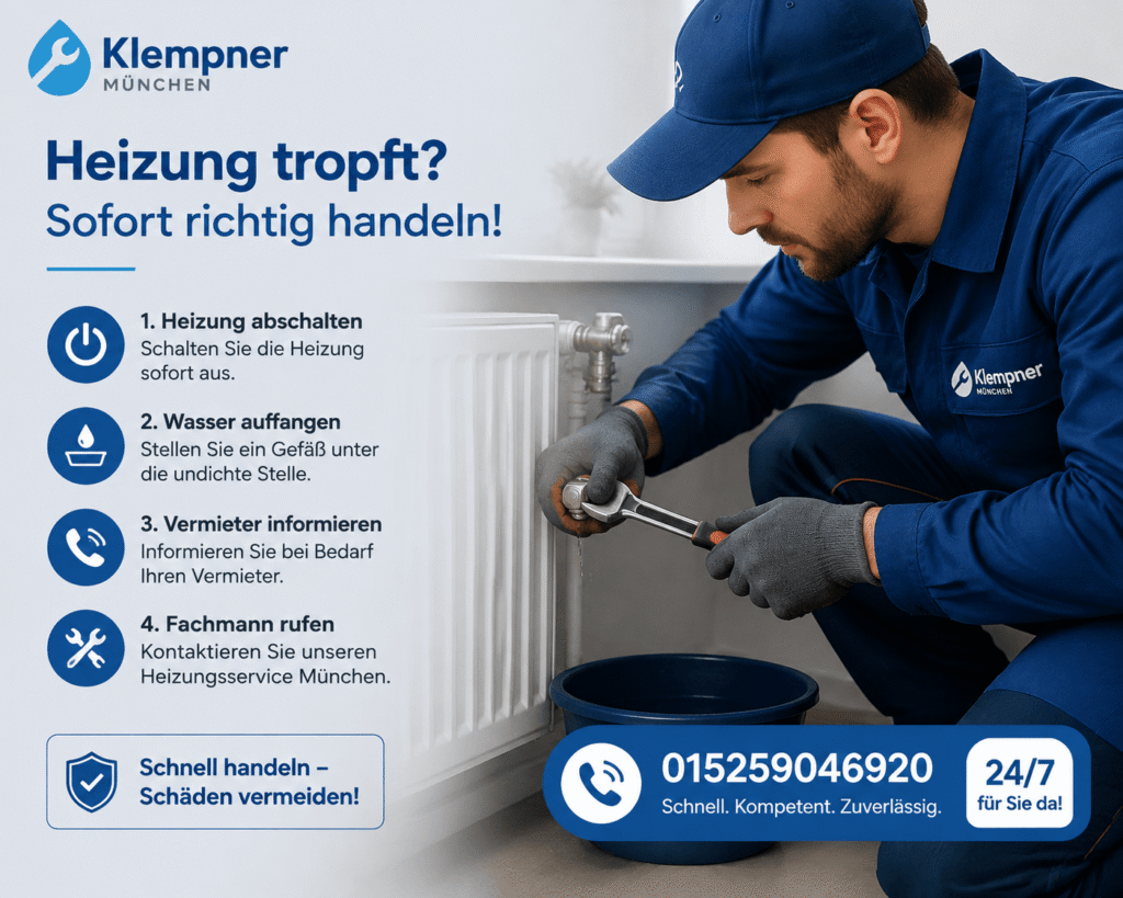 Fachmann repariert Heizkörper mit Werkzeug und erklärt wichtige Sofortmaßnahmen.