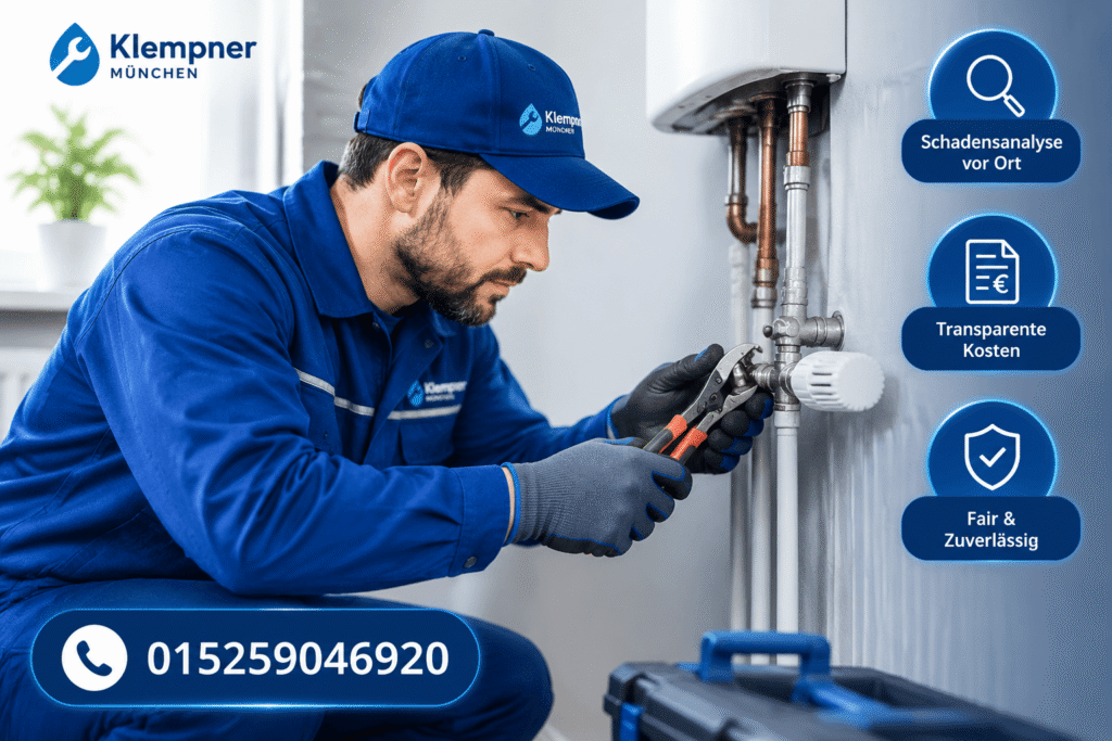 Fachmann bei der Reparatur einer Heizungsanlage mit Werkzeug