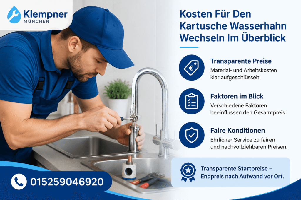 Fachmann bei der Reparatur eines Wasserhahns mit transparenter Preisübersicht.