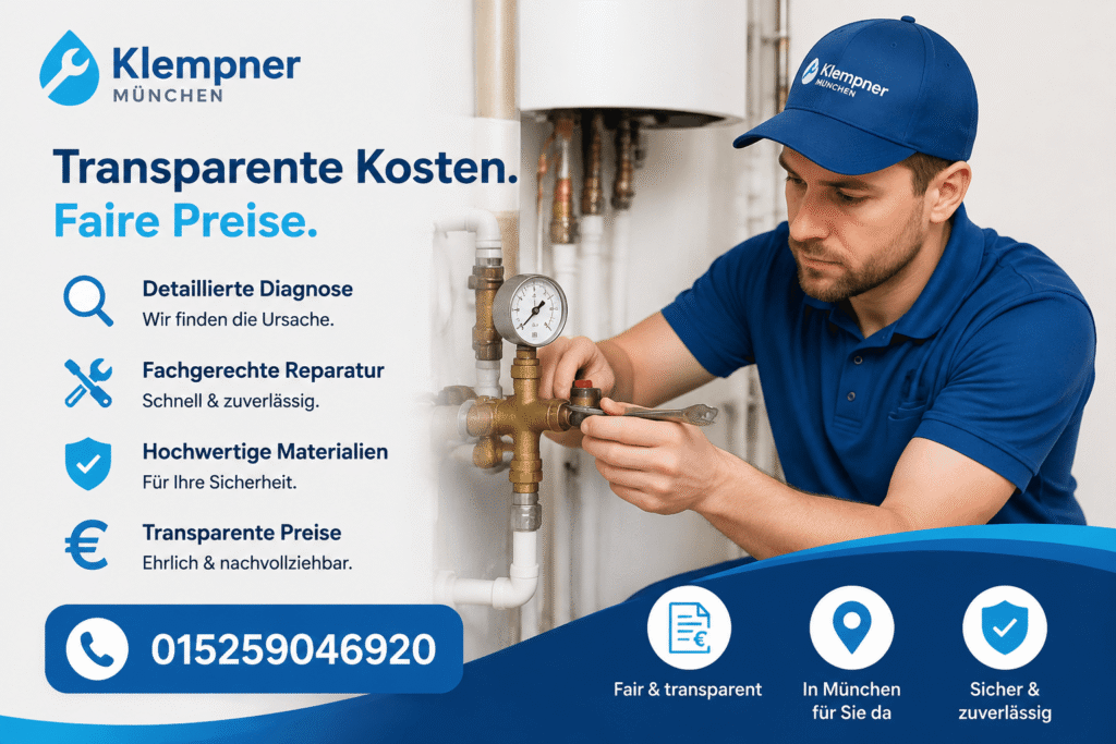 Fachmann bei der Reparatur einer Heizungsanlage mit transparenten Servicekosten.