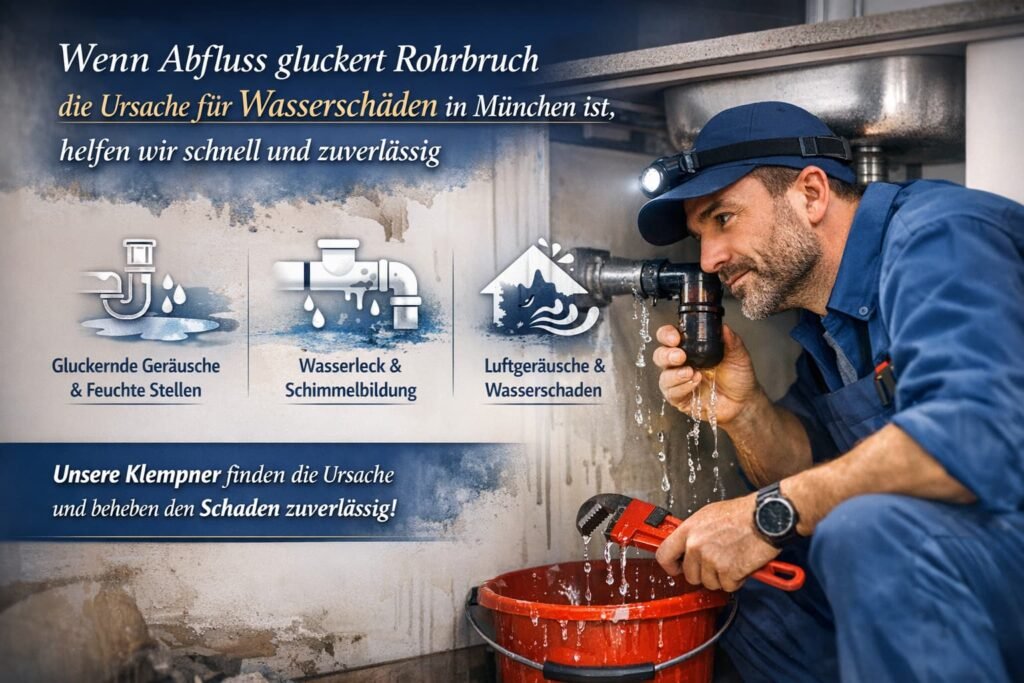 Klempner repariert ein leckendes Abflussrohr bei Wasserschaden in München