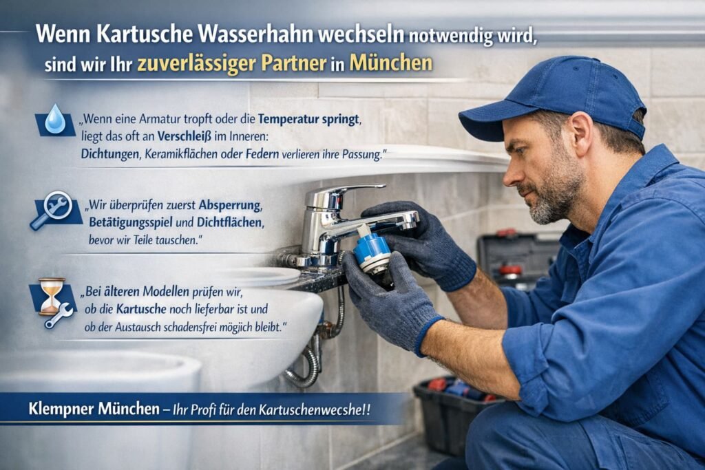 Klempner in München wechselt Kartusche am Wasserhahn im Badezimmer.