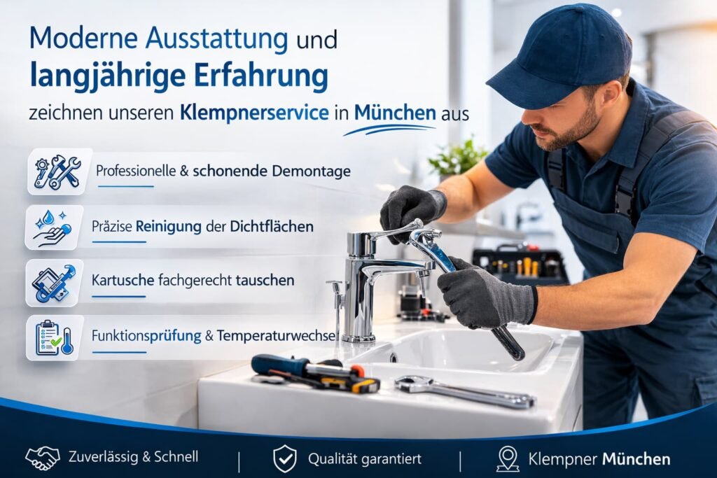 Fachmann tauscht Wasserhahn-Kartusche in München aus.