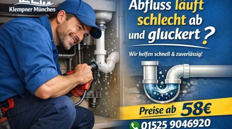 Klempner München repariert verstopften Abfluss – Abfluss läuft schlecht ab und gluckert, schnelle Hilfe ab 58€
