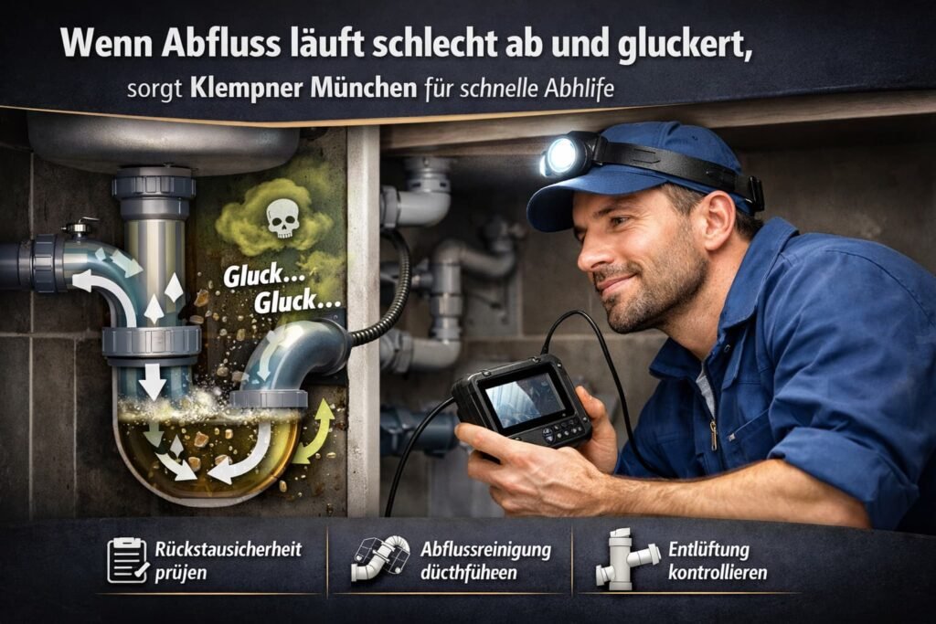 Klempner München repariert gluckernden Abfluss unter der Spüle bei verstopfter Rohrleitung