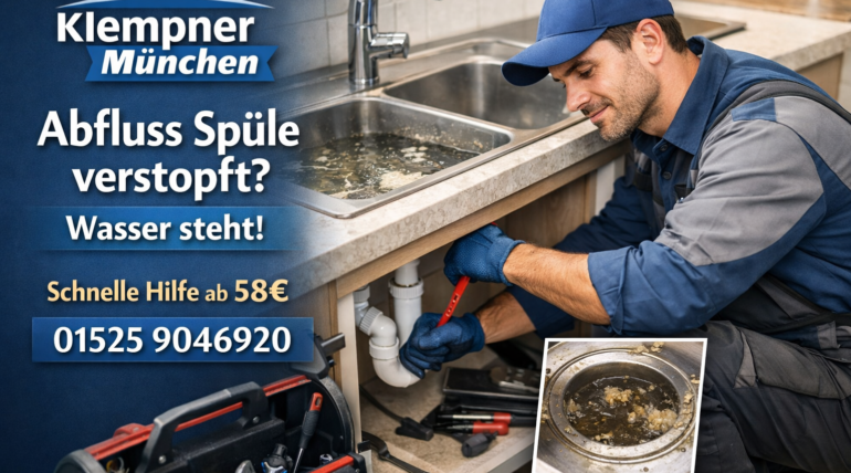 Klempner München behebt verstopften Spülbecken-Abfluss – Wasser steht in der Spüle.