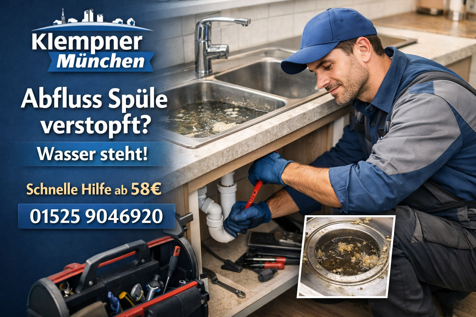 Klempner München behebt verstopften Spülbecken-Abfluss – Wasser steht in der Spüle.