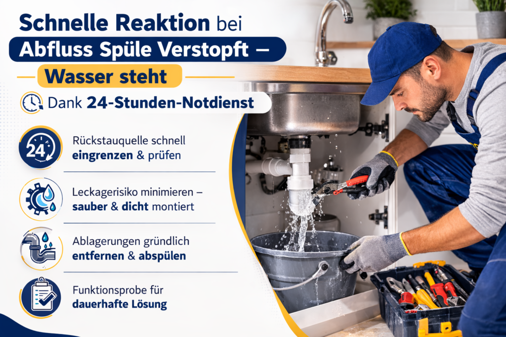 Klempner repariert verstopften Küchenabfluss – schneller 24h Notdienst München