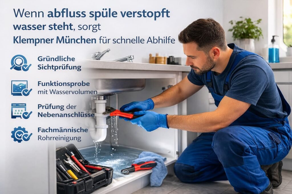 Klempner München repariert verstopften Spülenabfluss unter der Küchenspüle