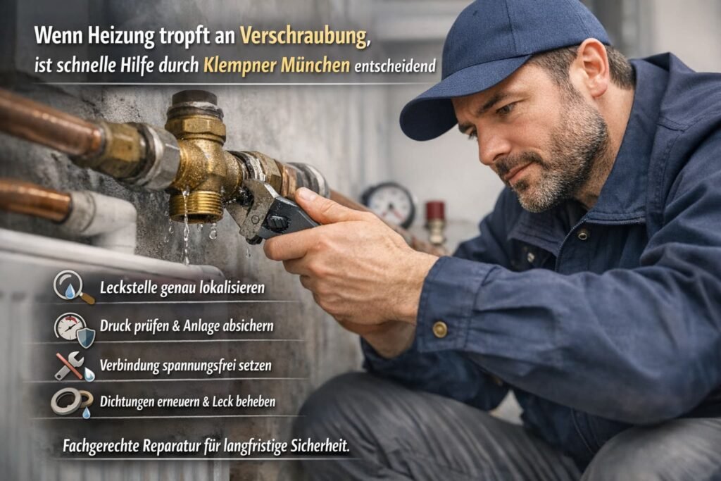 Plumber München repariert tropfende Heizungsverschraubung an Heizungsrohr