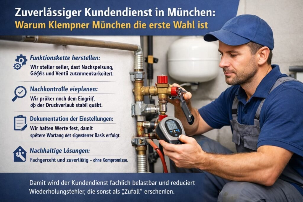 Klempner in München repariert Heizungsventil und prüft den Druck im Heizsystem
