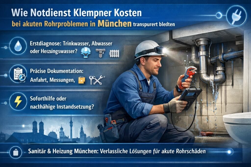 Klempner Notdienst in München repariert ein akutes Rohrproblem unter der Spüle mit moderner Messtechnik