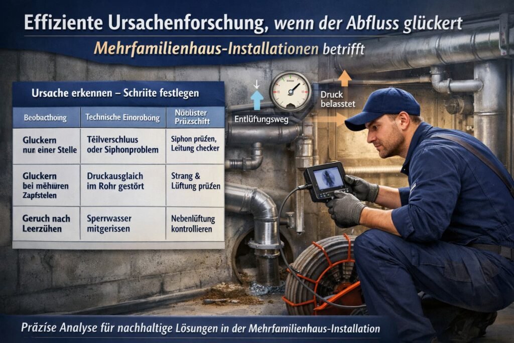 Installateur prüft Abflussrohre mit Kamera und analysiert Ursache eines gluckernden Abflusses im Mehrfamilienhaus.