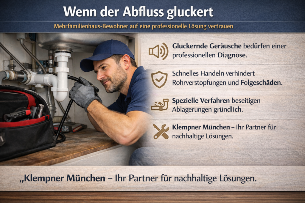 Installateur überprüft den Abfluss unter einer Küchenspüle in einem Mehrfamilienhaus.