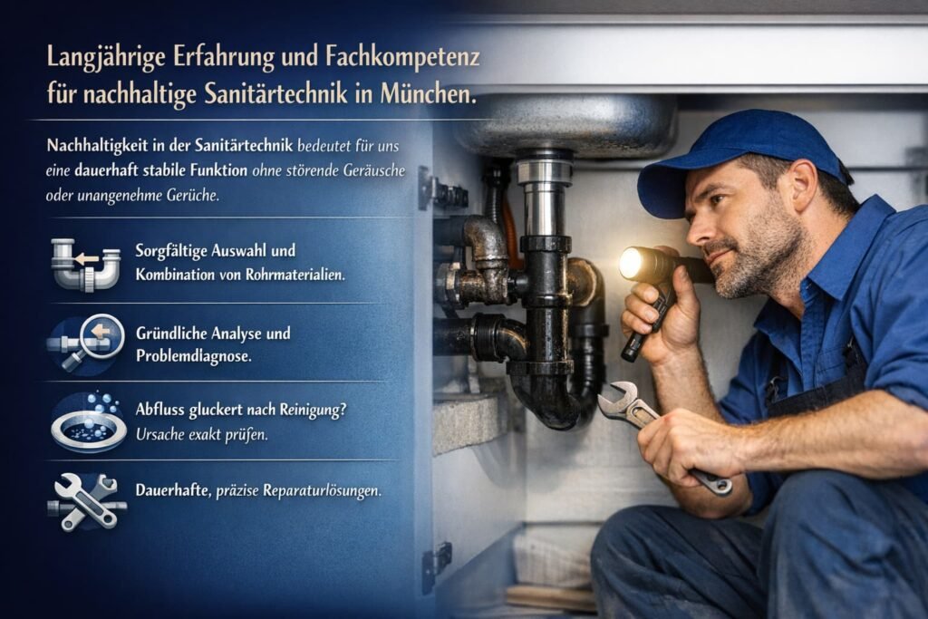 Fachhandwerker überprüft Rohre unter der Spüle mit Taschenlampe und Werkzeug.